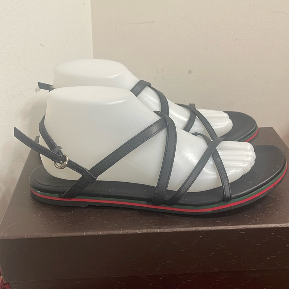 Gucci Black Leather Strappy Sandals with Red and Green Sole Trim